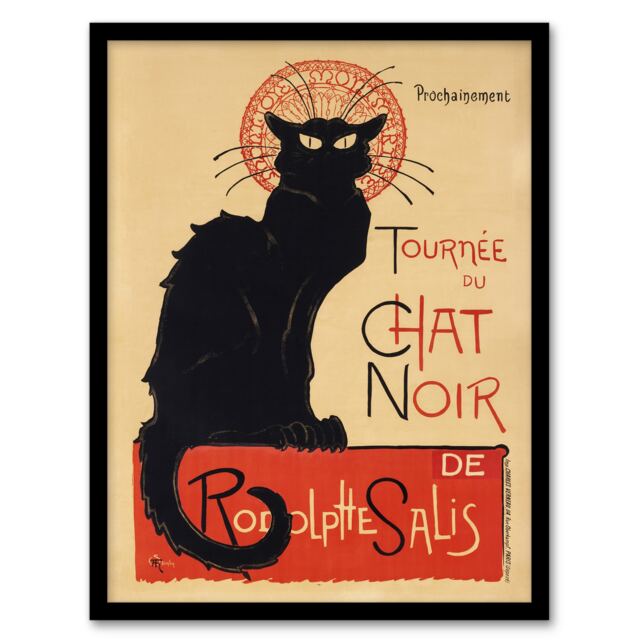 "Black Cat Chat Noir Cabaret Vintage Ad Steinlen Framed Wall Art Print 12X16"""