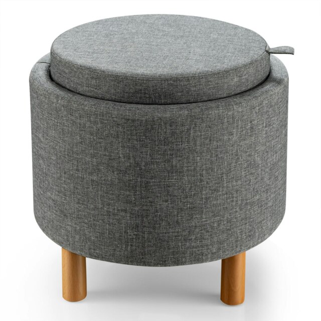 COSTWAY Round Storage Ottoman w/ Tray Accent Storing Footrest Grey
