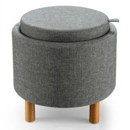 COSTWAY Round Storage Ottoman w/ Tray Accent Storing Footrest Grey