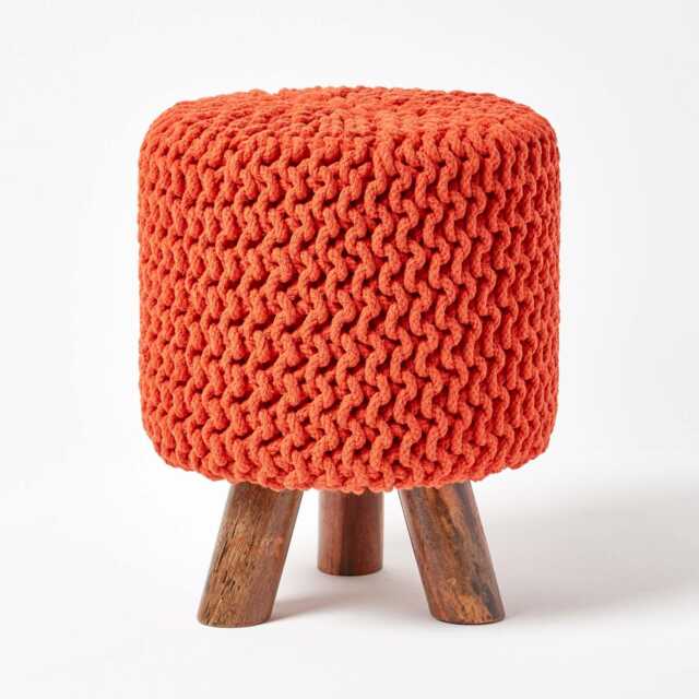 Homescapes Burnt Orange Tall Cotton Knitted Footstool on Legs
