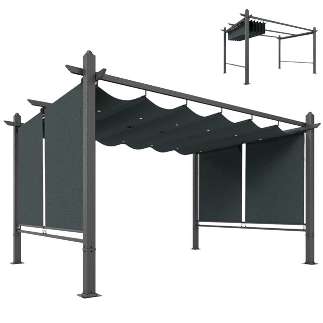 Outsunny Garden Pergola with Retractable Roof Canopy, Dark Grey Black Dark Grey 392 x 297 x 225 cm