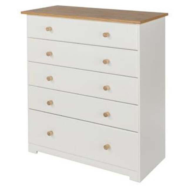 Colorado 5 Drawer Chest - MDF/MDP - 80 x 38 x 96.4 cm - Soft White/Oak