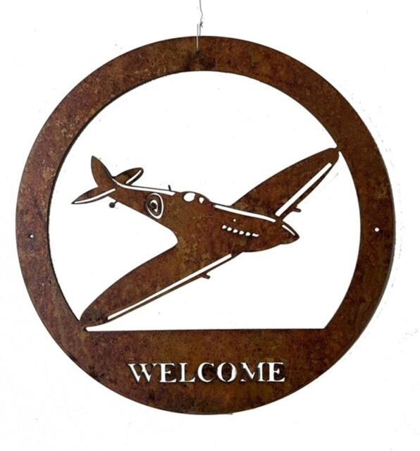 Spitfire Large Wall Art - With Text - Steel - W49.5 x H49.5 cm - Bare Metal/Ready to Rust Brown