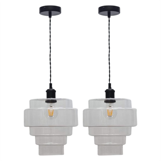 Set of 2 Benson - 5 Tier Glass & Black Ceiling Pendant Lights