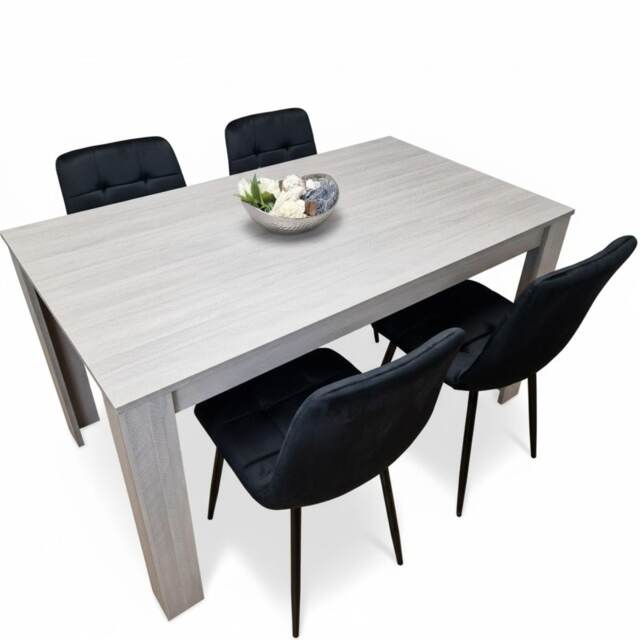 Grey Wood Dining Table with 4 Black Velvet Chairs Dining Set Furniture