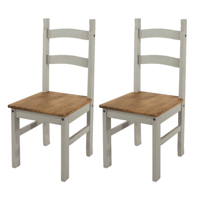 Pair of Corona Solid Pine Dining Chairs with Antique or Grey Wax Finish – Wooden Kitchen Seating Grey Grey 1