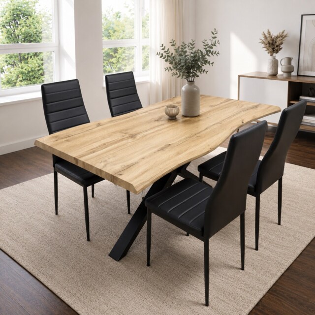 Dining Table Set with 4 Black Faux Leather Chairs Kitchen Dining Room Furniture