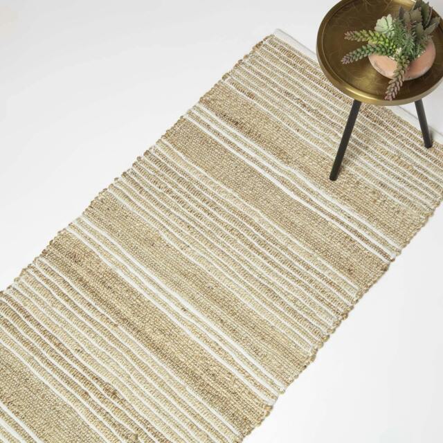 Homescapes Arlyn Natural Striped Handwoven Jute Hallway Runner Rug - 66 x 200 cm Cream Natural, White