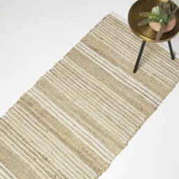 Homescapes Arlyn Natural Striped Handwoven Jute Hallway Runner Rug - 66 x 200 cm Cream Natural, White