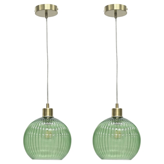Set of 2 Betchley - Green Ribbed Glass Globe with Satin Brass Pendants Green Clear green glass with satin brass plate detail Small 2