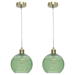 Set of 2 Betchley - Green Ribbed Glass Globe with Satin Brass Pendants Green Clear green glass with satin brass plate detail Small 2