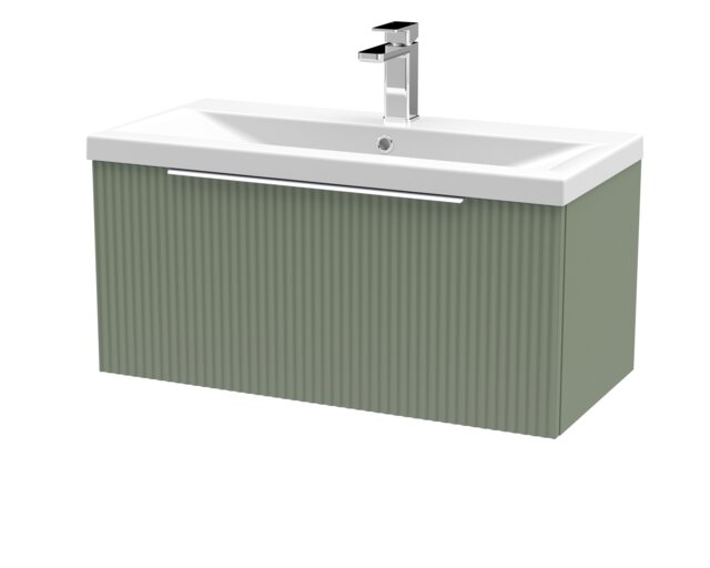 Balterley Fluted Wall Hung 1 Drawer Vanity Basin Unit with Ceramic Basin Green Satin Green