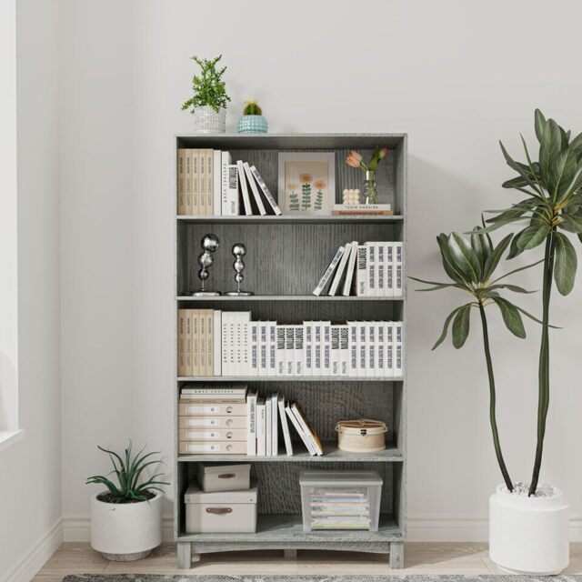 Wide Shelf Tier Wooden Bookcase Shelving Modern Open Display Storage Cabinet Grey Ash Grey 5 Tier Wide 1
