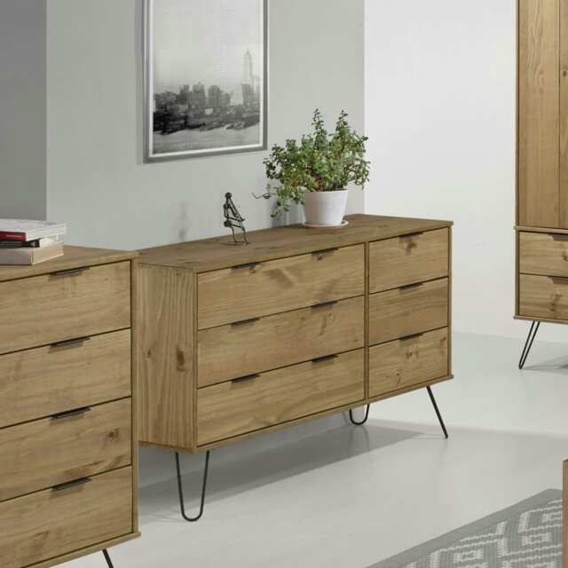 Augusta Pine 3+3 Drawer Wide Chest of Drawers - Industrial Style Bedroom Storage Cabinet Brown Brown One Size 1
