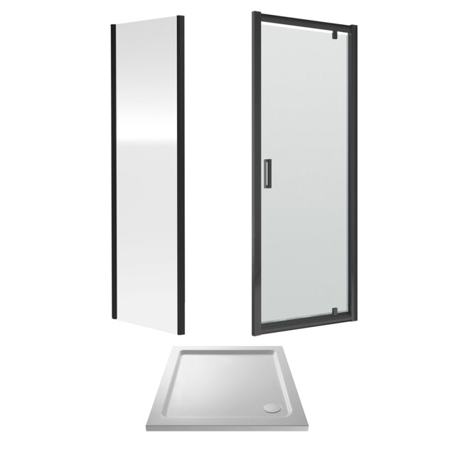 Balterley Square Pivot Shower Suite with Safety Glass Door, Side Panel & Tray Frame with Tray Black Matt Black 3