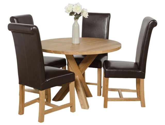Oregon Round Oak Dining Table and 4 Washington Leather Chairs Brown Brown 1