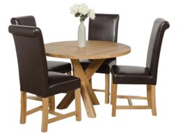 Oregon Round Oak Dining Table and 4 Washington Leather Chairs Brown Brown 1