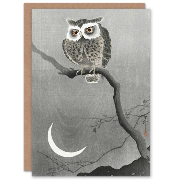 Ohara Koson Japanese Art Card Long Eared Owl On Tree Branch