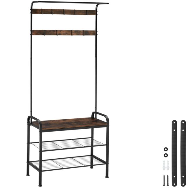 Coat Stand - shoe rack, seat, 2 shelves and 9 coat hooks Brown Industrial wood dark, rustic One Size 1