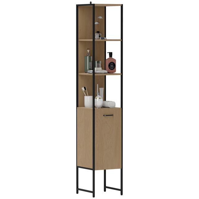 HOMCOM Tall Bathroom Cabinet with 3 Open Shelves Adjustable Shelf, Natural Brown Natural wood finish