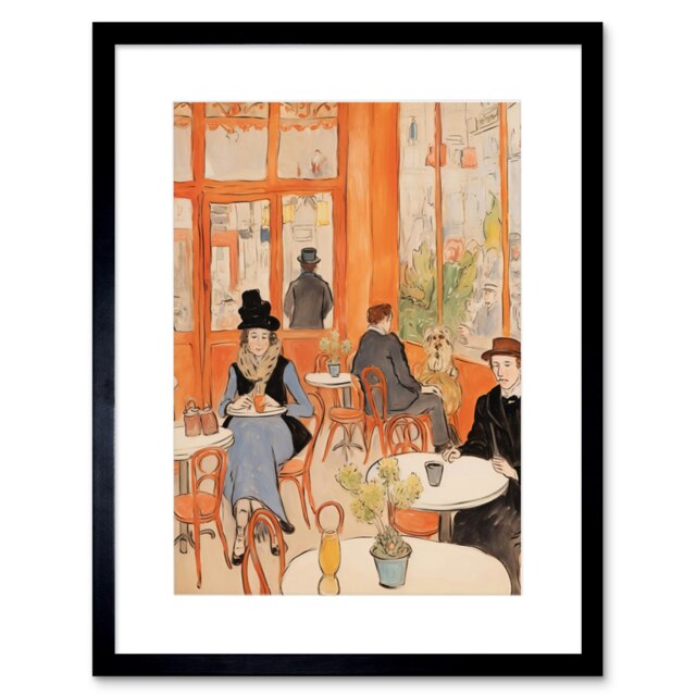 "Bustling Parisian Cafe Toulouse Lautrec Style 9x7"" Black Framed Wall Art Print"