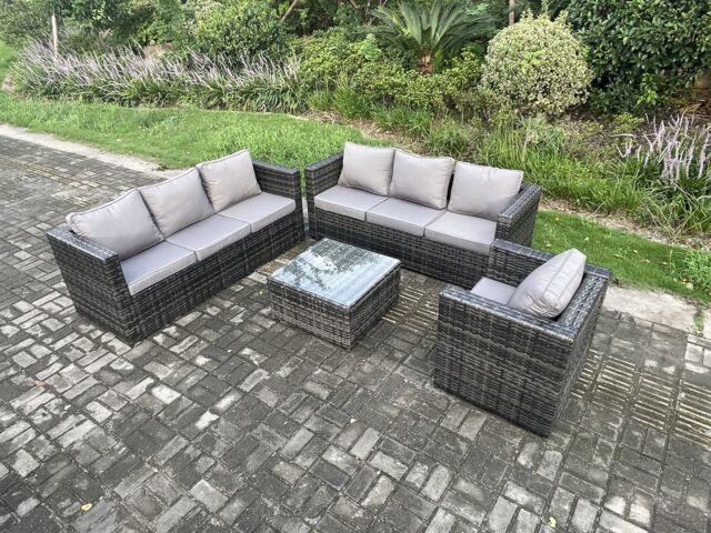 Fimous Rattan Garden Furniture Sofa Set with Armchair Square Coffee Table Indoor Outdoor 7 Seater Rattan Set Dark Grey Mixed