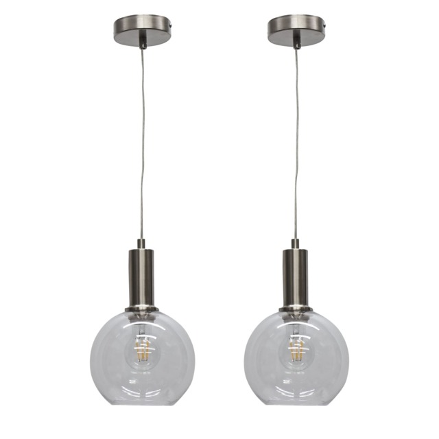 Set of 2 Barnum - Clear Glass Globe Satin Nickel Deco Pendant Fittings
