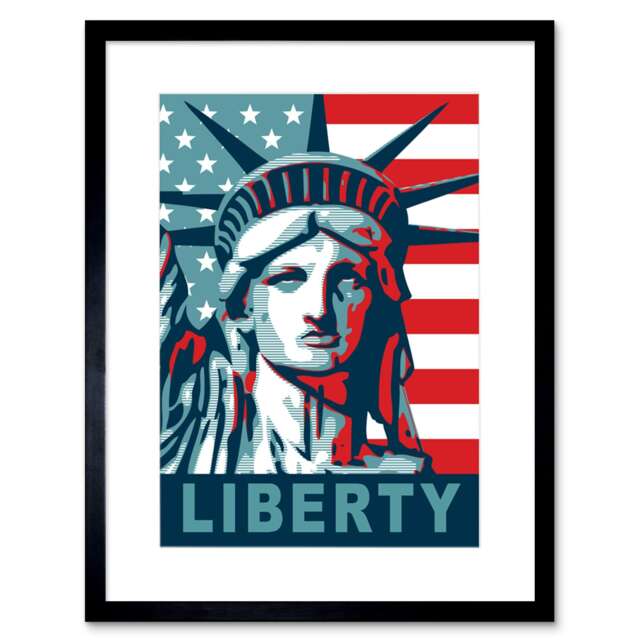 "Statue of Liberty American Flag Graphic Pop Art 9x7"" Black Framed Wall Art Print"