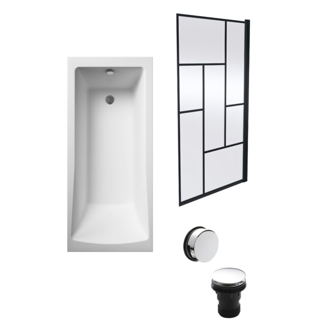 Square Single Ended Bath, Abstract Black Screen and Chrome Waste - 1700 x 700mm White