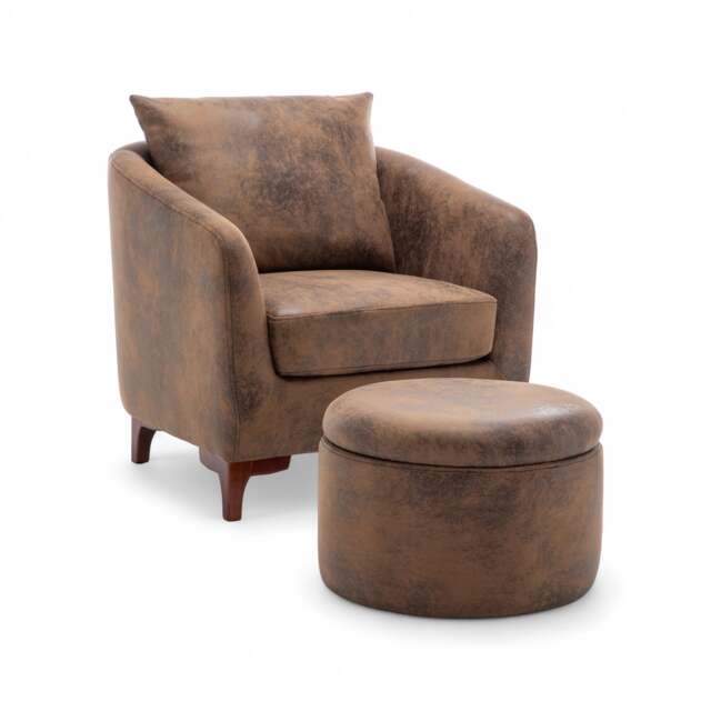 Faux Leather Suede Brown Angela Accent Tub Chair with Ottoman