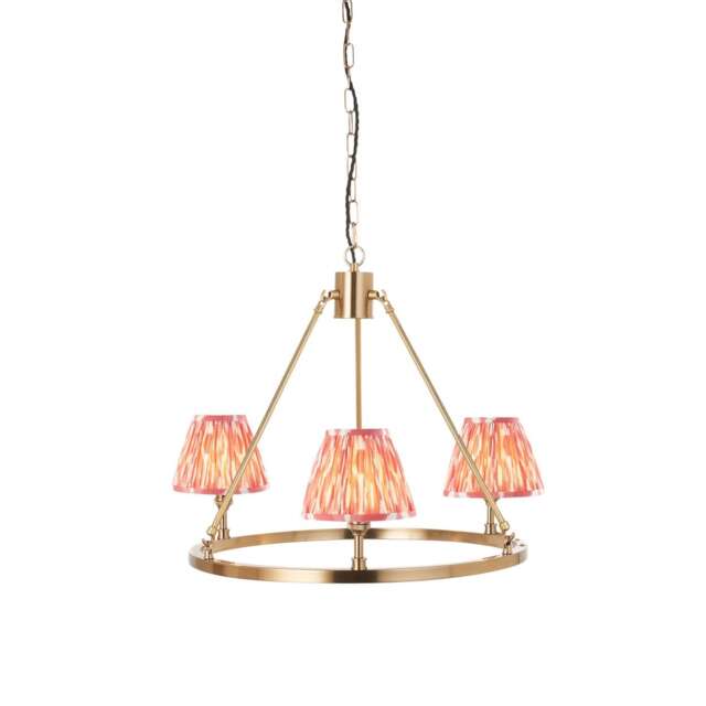 Chester Brushed Aged Brass Plate Pendant Light with Coral Pink Fabric Ikat Shade 16cm 3x B22