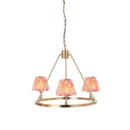 Chester Brushed Aged Brass Plate Pendant Light with Coral Pink Fabric Ikat Shade 16cm 3x B22