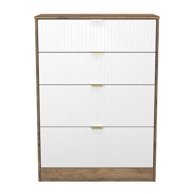 Denver 4 Drawer Deep Chest of Drawers in White Matt & Vintage Oak (Ready Assembled) White White Matt & Vintage Oak