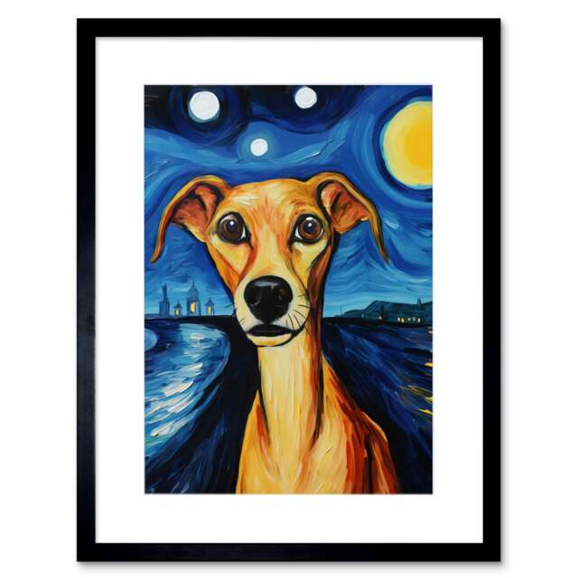 "Van Goghs Dog Night Scene Full Moon 9x7"" Black Framed Wall Art Print"