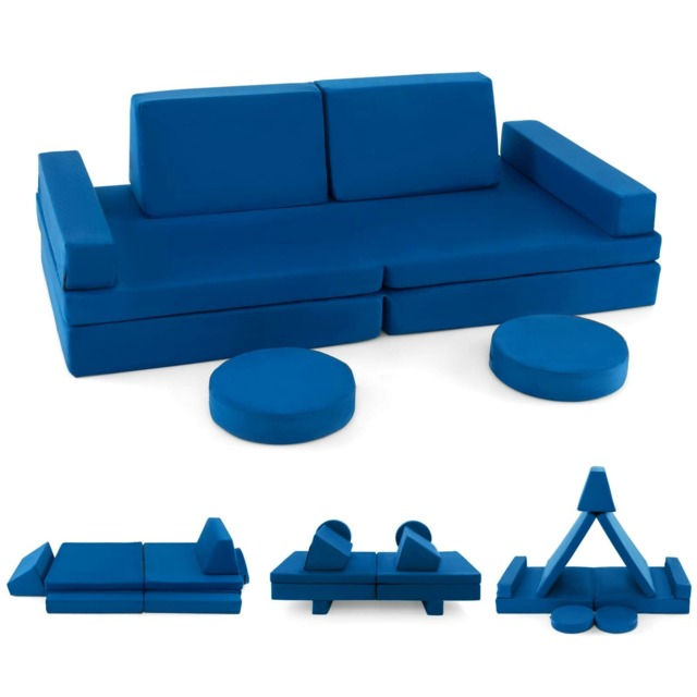 COSTWAY 8-Piece Kids Play Couch Sofa Convertible Foam Sofa-Blue Blue Chair