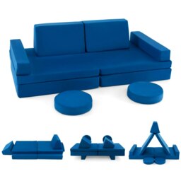 COSTWAY 8-Piece Kids Play Couch Sofa Convertible Foam Sofa-Blue Blue Chair