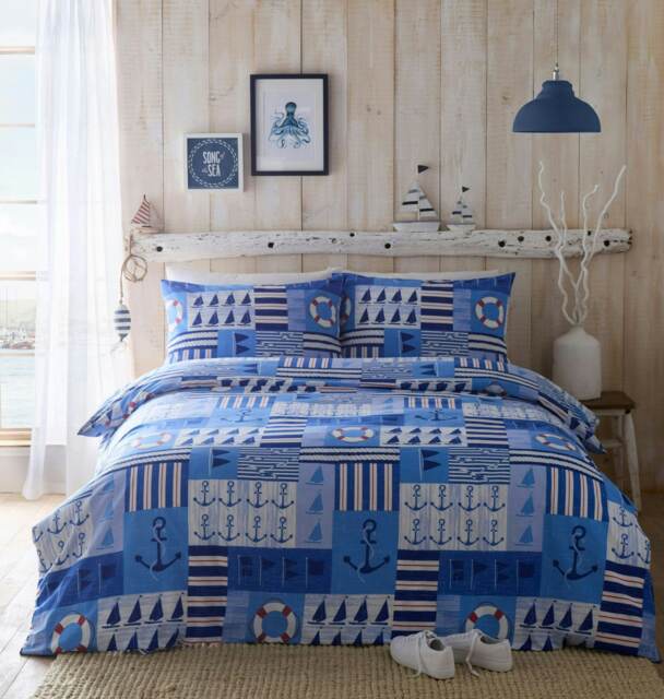Portfolio Home Regatta Nautical Soft Easy Care Bed Linen Bedding Duvet Cover Quilt Set With Pillow Case Blue Single