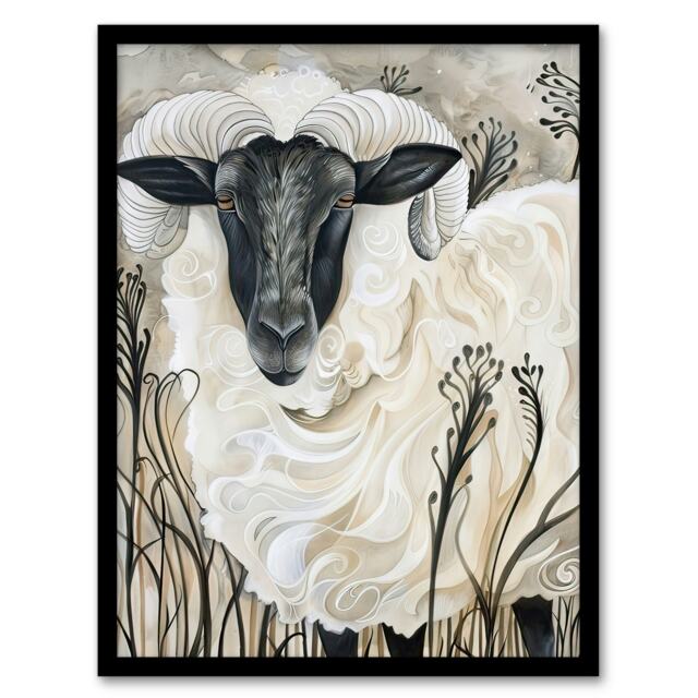 Stylised Sheep Ram Animal Portrait Living Room Black Framed Wall Art Print A4