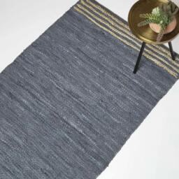 Homescapes Recycled Leather Handwoven Stripe Rug Grey Grey