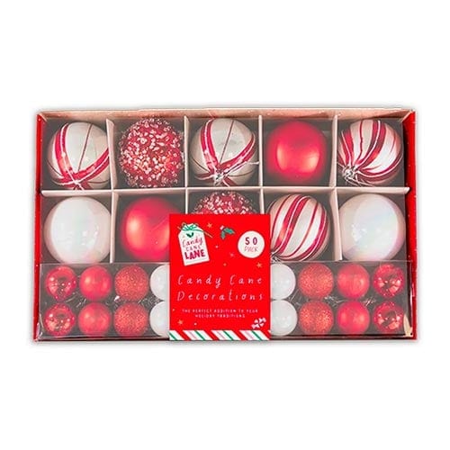 Red & White Candy Cane Luxury Christmas Tree Bauble Hanging Decorations - Pack of 50