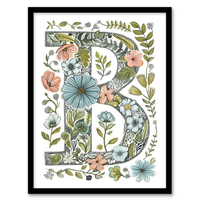 Letter B Flowers Nature Leaves Floral Birthday Gift Mum Black Framed Wall Art Print A4