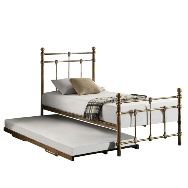 Bayford Traditional Single Antique Brass Metal Bed Frame with Guest Trundle Bed Bronze Brass Single
