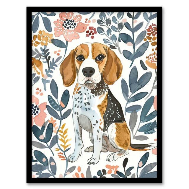 Dog Lover Beagle in Flower Garden Watercolour Black Framed Wall Art Print A4