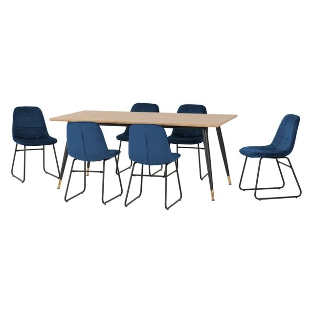 Hamilton & Lukas Large Indoor Dining Set - Medium Oak Effect - Sapphire Blue Velvet