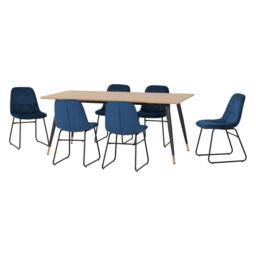 Hamilton & Lukas Large Indoor Dining Set - Medium Oak Effect - Sapphire Blue Velvet