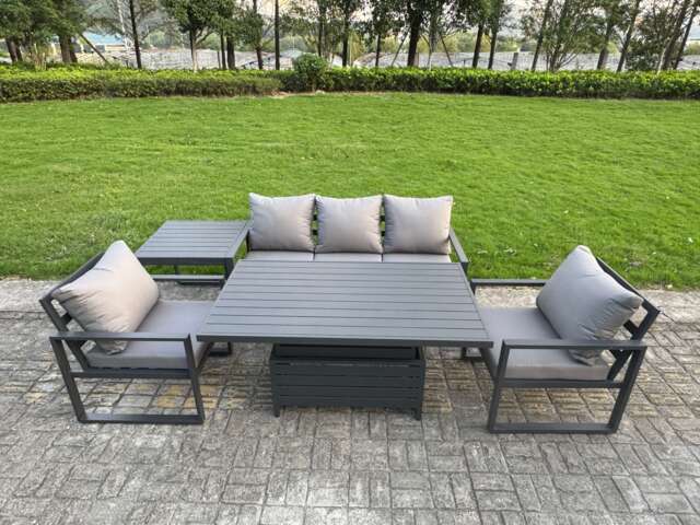 Fimous 5-Piece Aluminium Garden Furniture Sets 5 Seater Outdoor Sofa Set with Adjustable Rising Lifting Dining Table 2 Chairs Side Table
