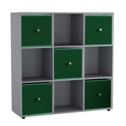 9 Cube Wooden Bookcase Shelving Unit with 5 Collapsible Fabric Drawers Multi Grey & Green 1