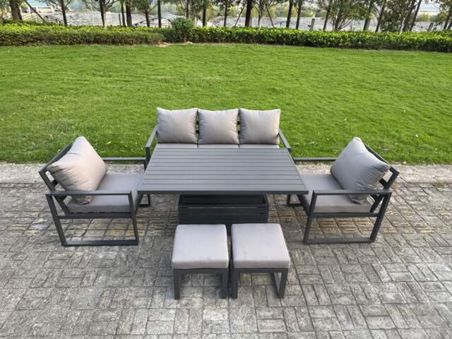 Fimous 6-Piece Aluminium Garden Furniture Sets 7 Seater Outdoor Sofa Set with Adjustable Rising Lifting Dining Table 2 Chairs 2 Small Footstools