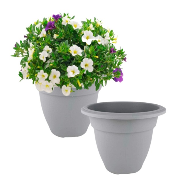 2x Grey Round Bell Plant Pot 38cm Plastic Bell Planter Patio Flowerpot