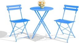 London Boutique Folding Metal Bistro Set, Round Patio Table and 2 Folding Chairs Solid steel,high load capacity,foldable space-saving,powder coated rust-proof,waterproof&easy clean,anti-slip footpads